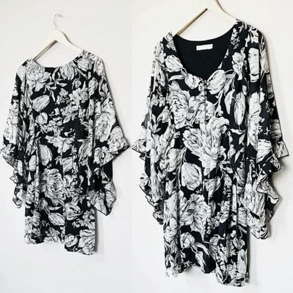 MINKPINK Women's Black Floral V Neck Flutter Kimono Ruffle Sleeves Mini Dress 10 - Picture 1 of 14